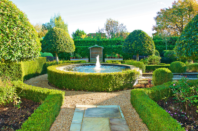 The landscaped gardens and fountain at Barnham Manor care home