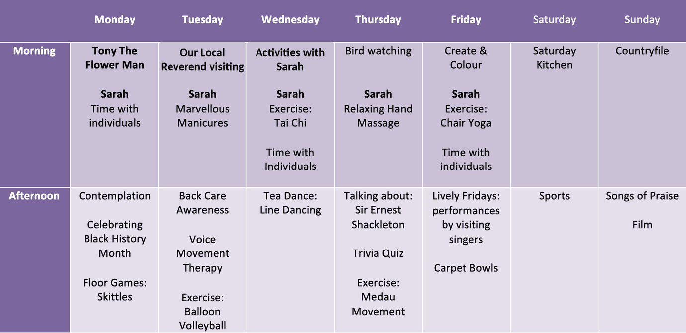 Weekly activities timetable at Barnham Manor